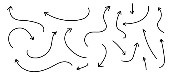 Set of simple lines hand drawn black arrows in various style. Set of simple of hand drawn black arrows. Set of simple lines hand drawn black arrows. Various of simple lines arrows collection
