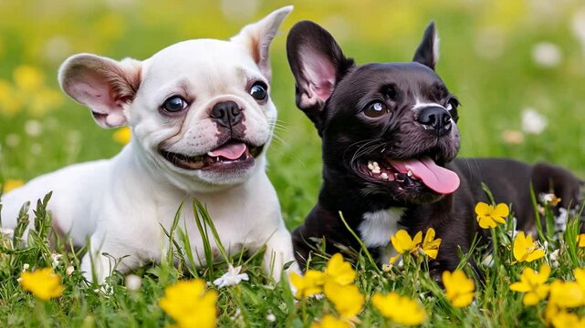 Adorable French Bulldog puppies, one white and one black, lying on grass surrounded by yellow flowers, radiating joy and playfulness

.