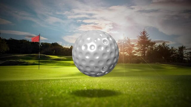 A golf ball rotating in front of a green