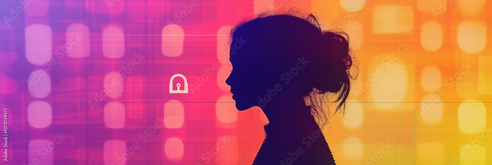 Fototapete a person’s silhouette is set against a colorful digital backdrop with a lock symbol, illustrating pr