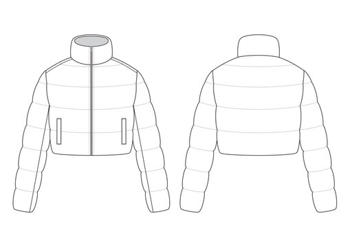 Vector fashion technical drawing of a cropped down jacke twith front and back view. Long sleeves. Metal zipper. Side pockets. Down and feather filling. Polyester fabric.