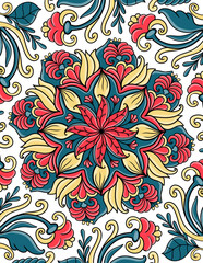 Colorful floral mandala painting with frame, red and yellow colors