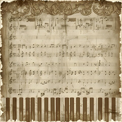 Fototapeta premium Vintage music notes and piano keys background, sepia tones, distressed texture, old paper effect, vector illustration style,