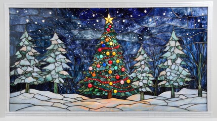Stained Glass Christmas Tree in Snowy Winter Landscape