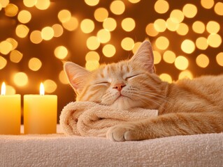 A cozy orange cat peacefully sleeps beside glowing candles against a backdrop of soft, warm lights.