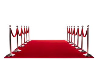 Long red carpet between rope barriers isolated on transparent background