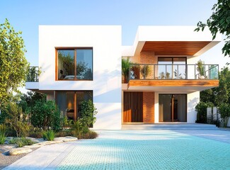 Modern residence with white exterior, mint driveway, and wood features.
