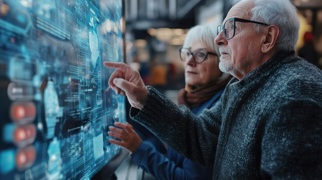 Elderly couple interacting with futuristic digital screen