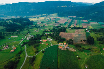 Drone view of a rural area with mountains in Santa Catarina, Brazil