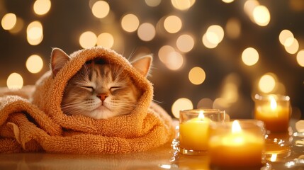 A cozy cat wrapped in an orange blanket, peacefully resting near flickering candles, surrounded by soft, warm lighting.
