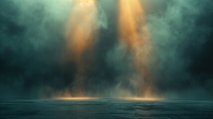 Dramatic warm spotlights illuminating smoky ambient scene for atmospheric design