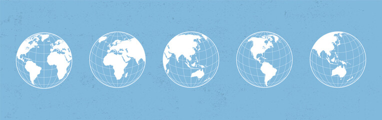World globe maps set. Europe, Asia, America, Oceania globe maps. Earth globe icons isolated on blue background. Vector illustration.