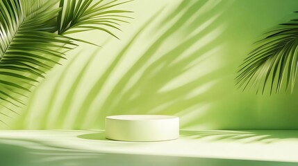 A light green podium sits in front of a lime green background with palm leaves casting shadows.