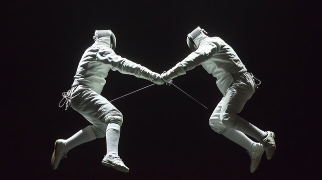 Two fencers in white uniforms leap in the air.