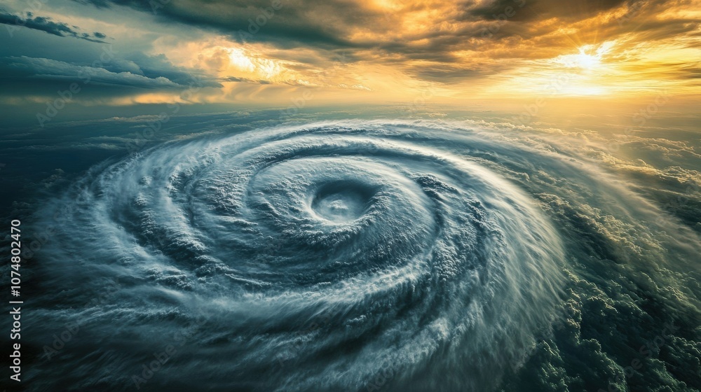 Poster A massive hurricane is intensifying in the open ocean, surrounded by swirling clouds and illuminated by the setting sun. Generative AI