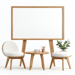 A modern interior setting featuring two stylish chairs, a wooden table, and a large blank canvas for creative expression.