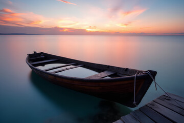sunset over a pier on with boat on a lake
