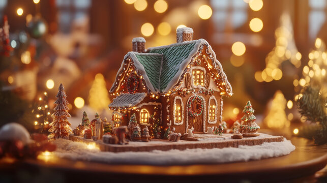 Rustic alsace gingerbread house with festive winter decor for holiday display