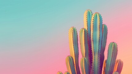 Minimalistic desert scene with towering succulent against pastel gradient background for modern design