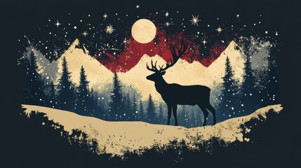 Majestic Winter Night Scene with Deer and Mountains