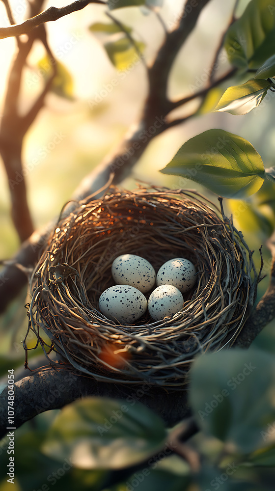 Poster close up of bird nest intricately woven from twigs, featuring speckled eggs nestled inside. soft sun