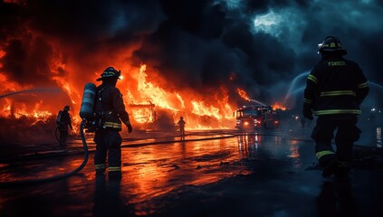 Firefighters Battling a Fiery Blaze