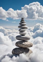 Fototapeta premium balancing stack of zen stones above the fluffy white clouds