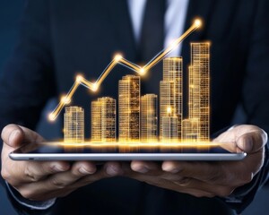 Global Market Growth Tablet, a sleek business tablet displaying dynamic graphs of international market trends, set against a minimalist backdrop emphasizing its significance.