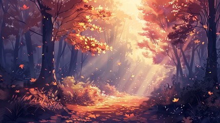 Obraz premium Sunlit autumn forest with amber leaves illustrating serene natural beauty for seasonal design