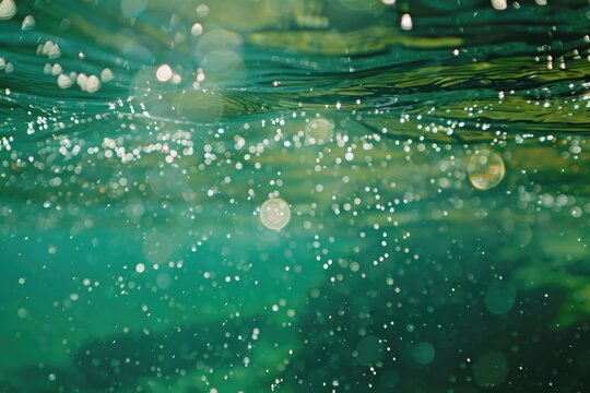Bubbles and bokeh underwater in clear green ocean of California
