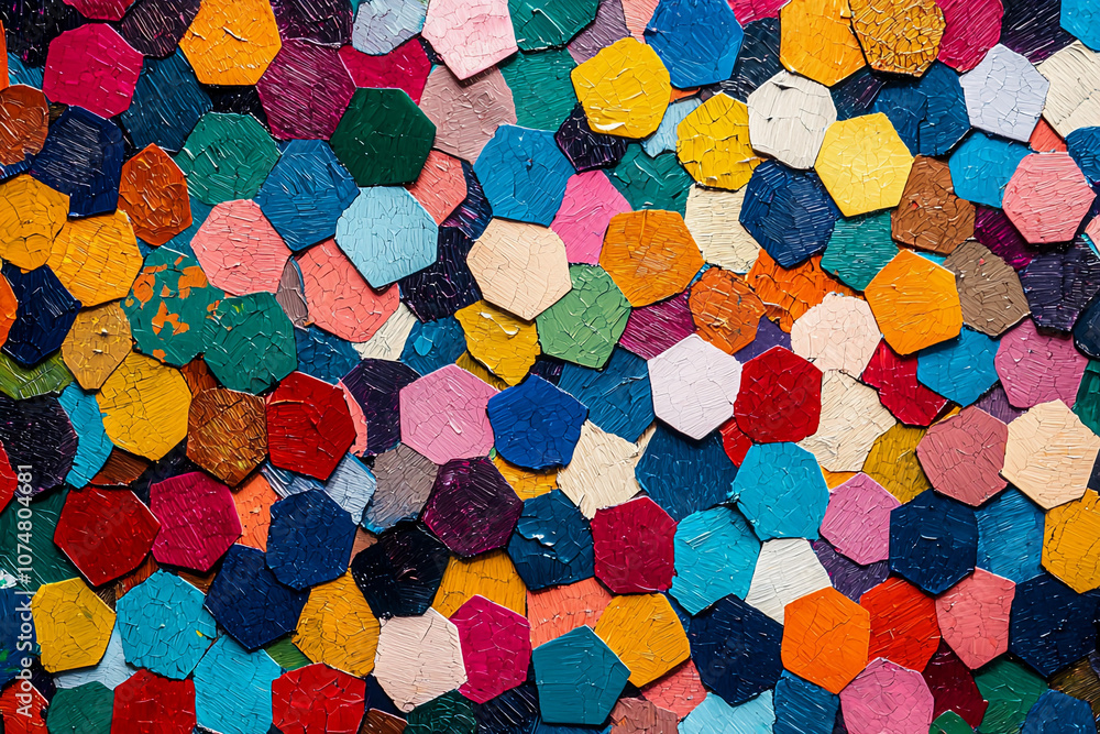 Poster colorful hexagonal shapes arranged in a vibrant pattern on a surface