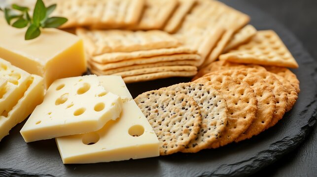 A cheese and cracker platter with rosemary garnish.