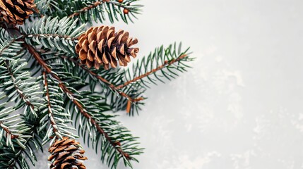Winter holiday theme with snow-covered pine cones and evergreen branches for seasonal design