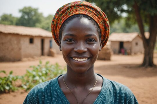 Close portrait of a smiling young Senegalese female farmer standing and looking at the camera, outdoors Senegalese rural blurred background