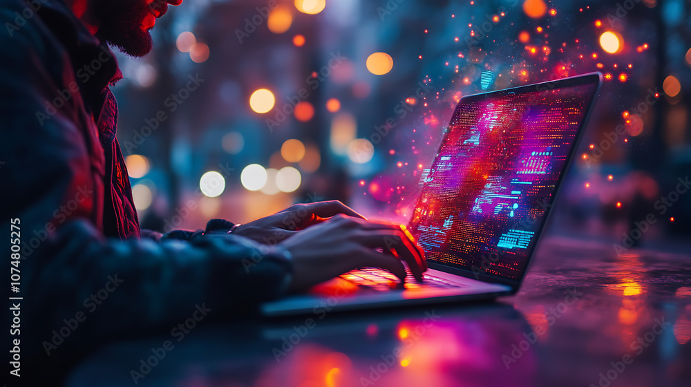 Poster man using laptop at night with colorful digital effects and bokeh lights. scene conveys sense of cre