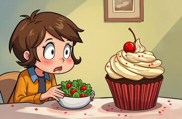 girl trying to eat green salad while tempted by giant sweet cupcake on table, cute funny cartoon illustration. healthy eating vs indulgence, diet concept