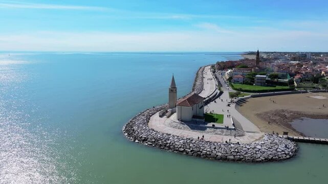 aerial orbit of the famous Catholic church in the Adriatic Sea called Madonna dell'Angelo church
