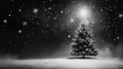 Serene Winter Night with Snowy Christmas Tree and Falling Snowflakes

