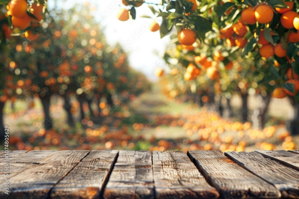 Poster empty wood table with space over orange trees for display.