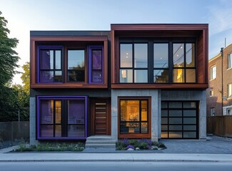 Evening in Toronto, modern house with dark and lavender window frames.