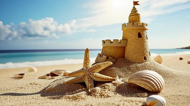 A sandcastle stands tall on the beach, surrounded by seashells and a starfish