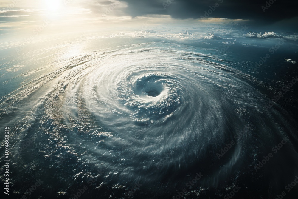 Poster a formidable hurricane is forming over the ocean, featuring a central eye surrounded by powerful, sw