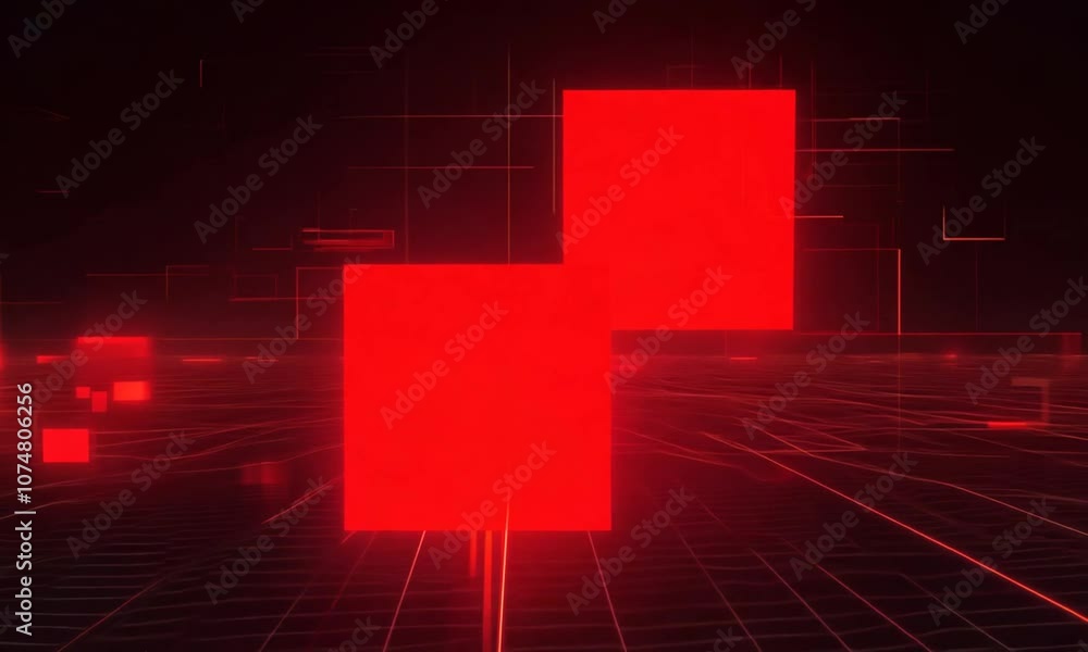 Wall mural digital abstract: red glowing squares in a dark, digital landscape. the squares are the focal point 