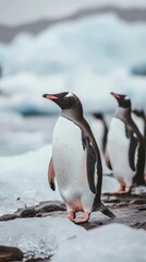 Obraz premium Gentoo penguin walking on ice in antarctica with icebergs in background