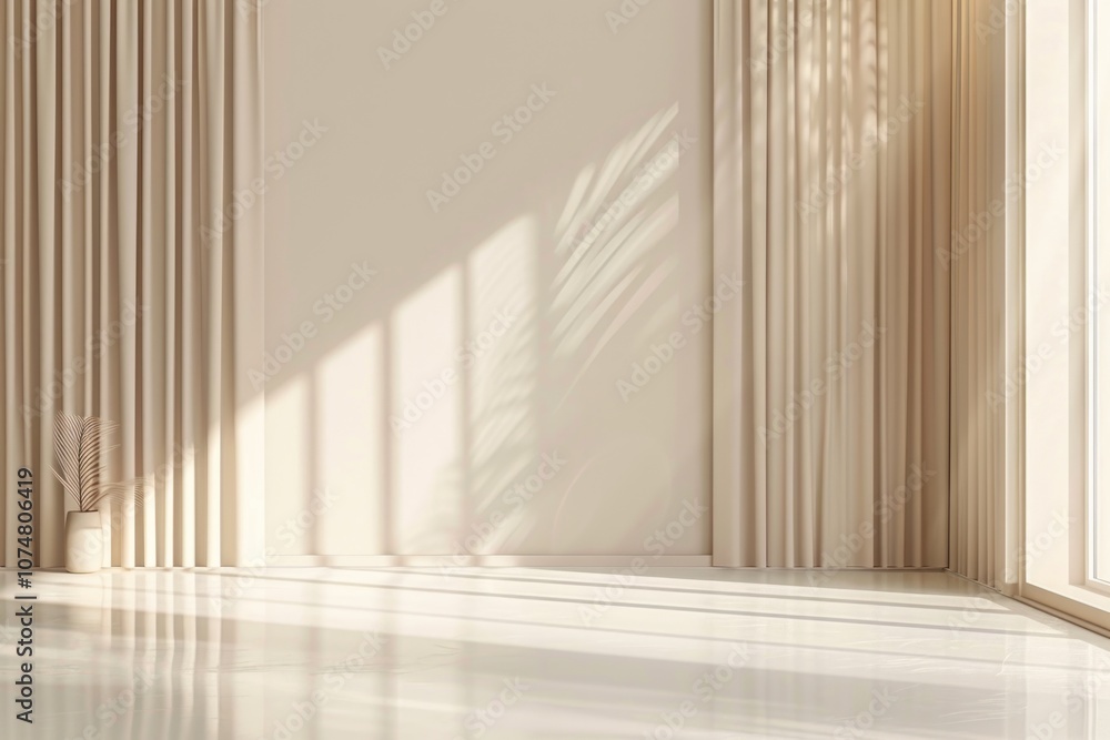 Poster minimalistic beige background with window curtain shadows for product presentation.