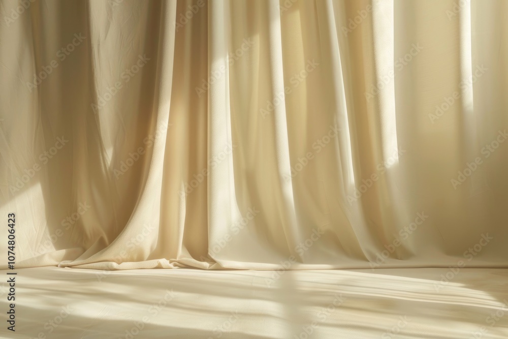 Poster minimalistic beige background with window curtain shadows for product presentation.