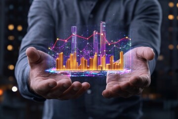 Holographic Financial Chart in Hand, representing global expansion, showcasing advanced technology and data visualization, emphasizing innovation and economic growth.