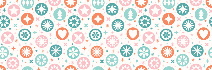 Christmas background in minimalist style. Colourful ornament with balls, stars and snowflakes. Seamless texture. Vector illustration