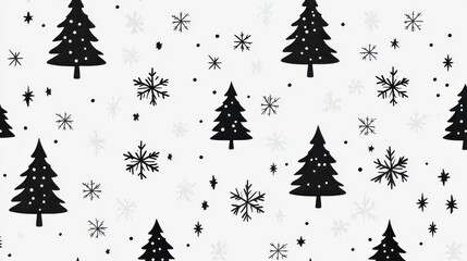 Minimalist Christmas Trees and Snowflakes Pattern on White Background