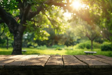 Wood table for food product display in nature background.